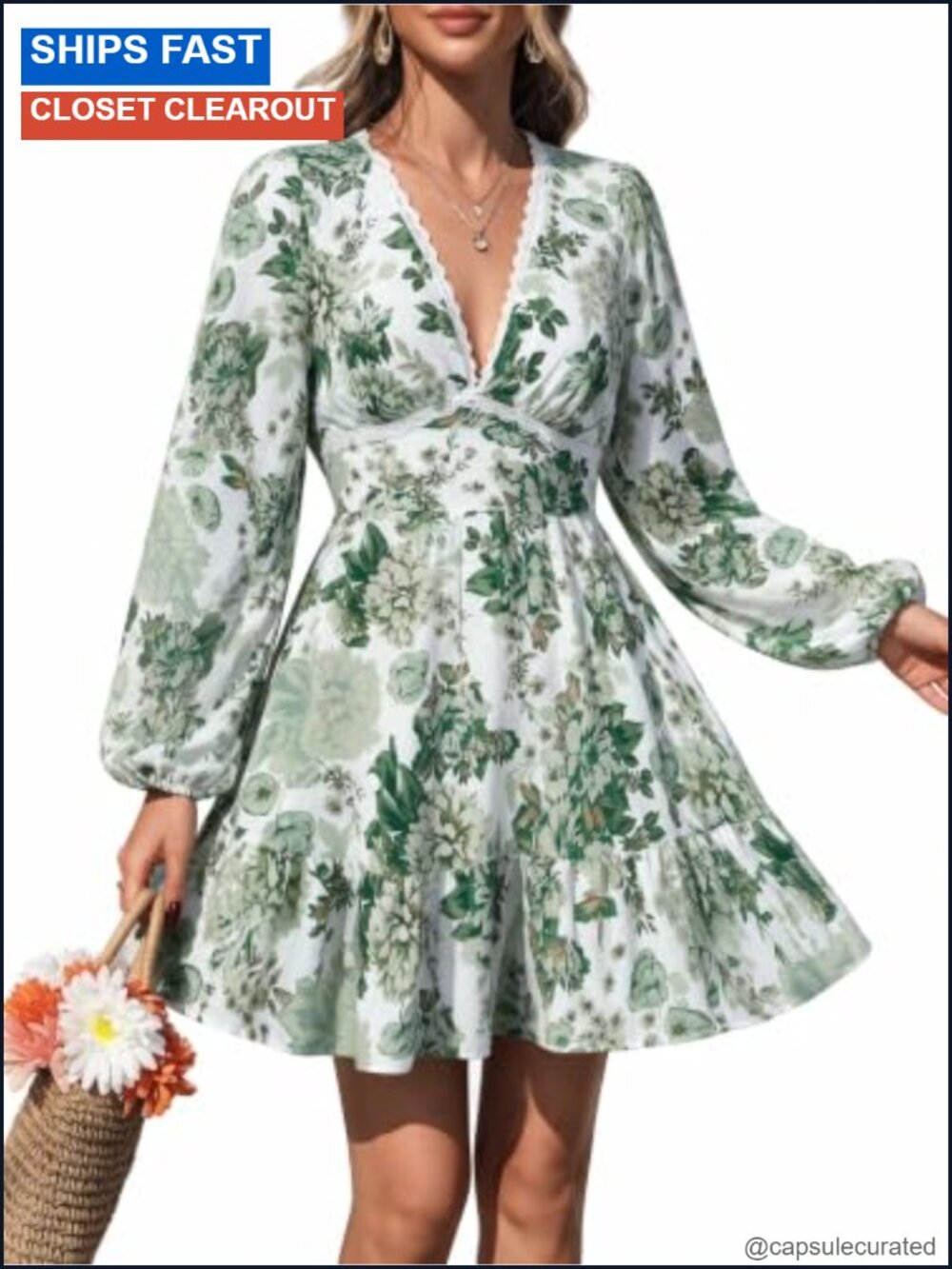 Long Sleeve V Neck Floral Mini Dress Balloon Sleeve Boho